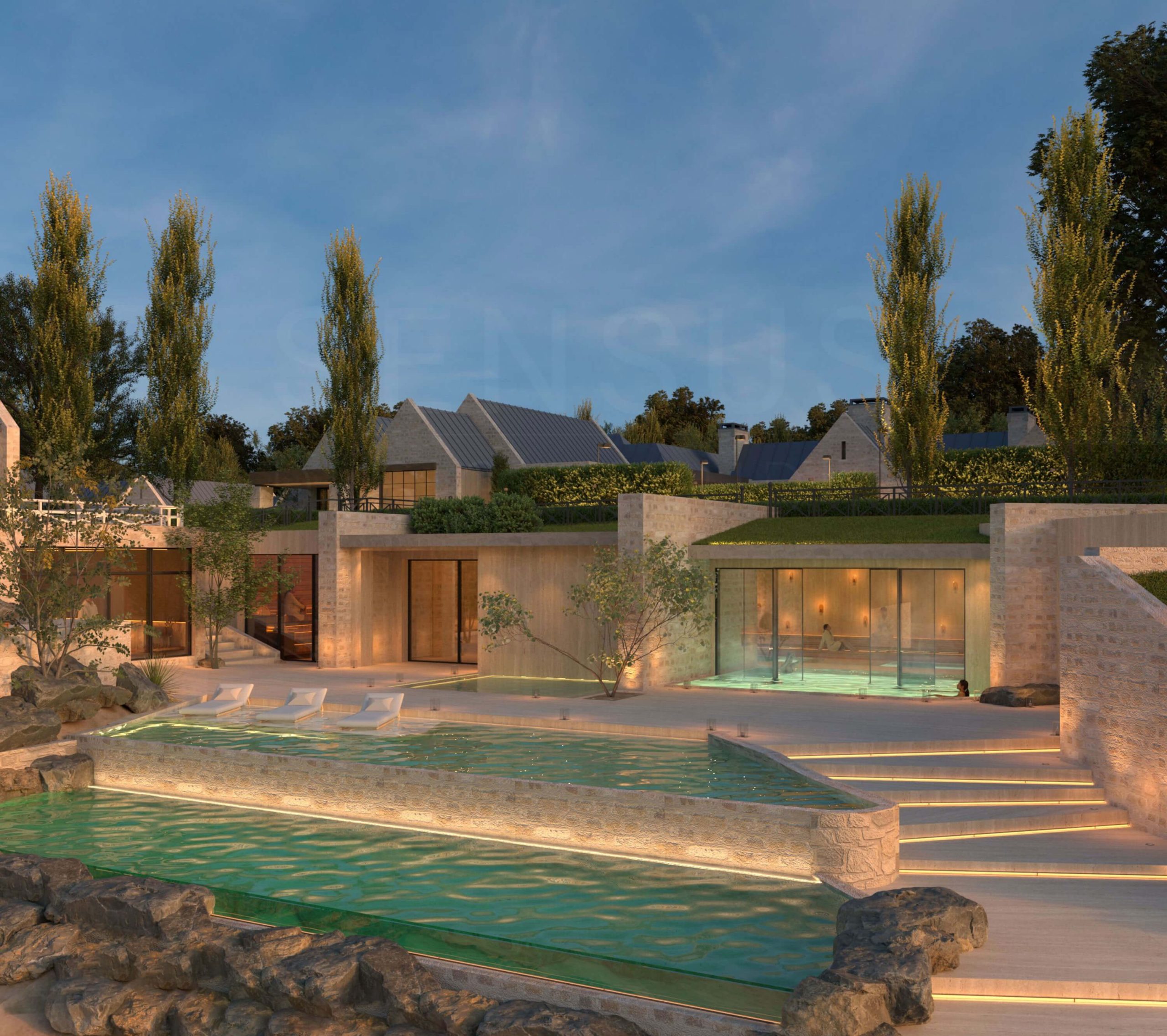 Travertine-clad spa with indoor-outdoor pools