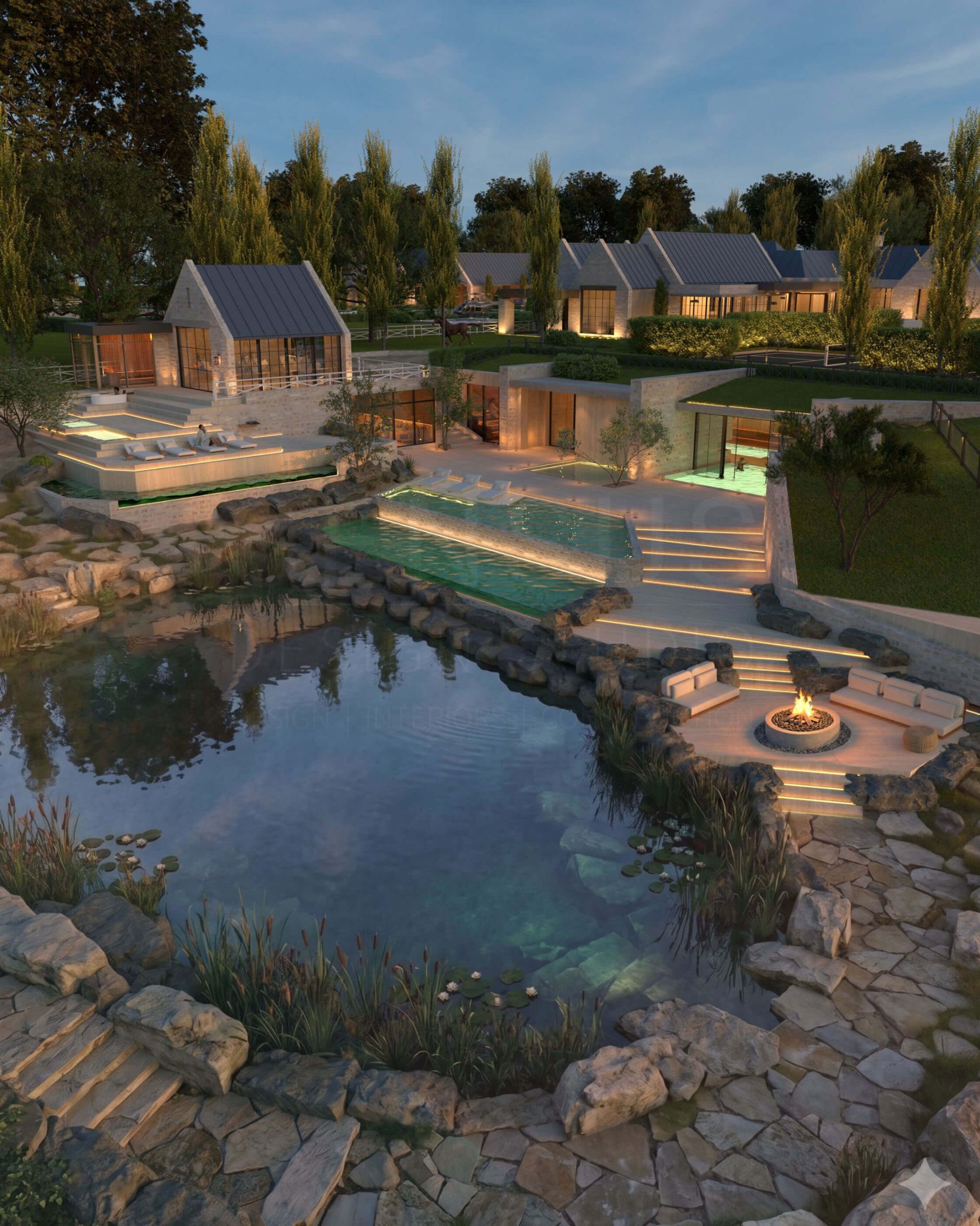 Hillside micro-spa overlooking the estate pond