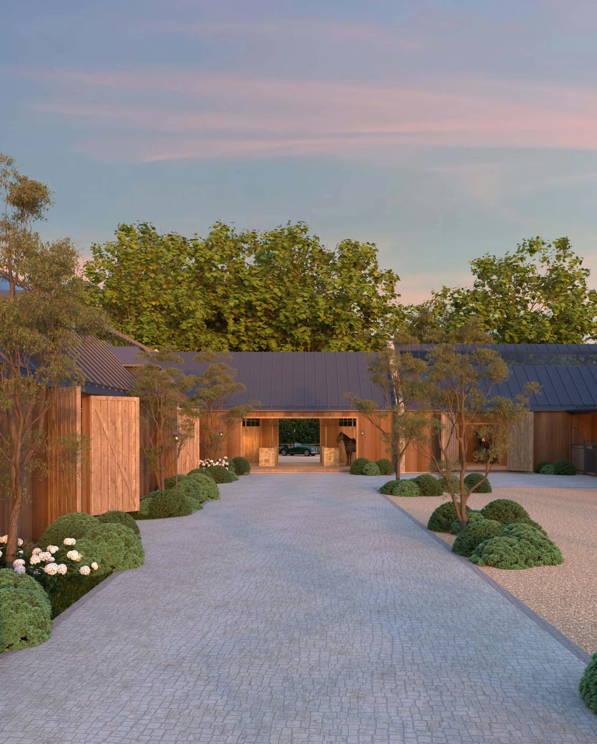 Rustic stone and barnboard stable facade