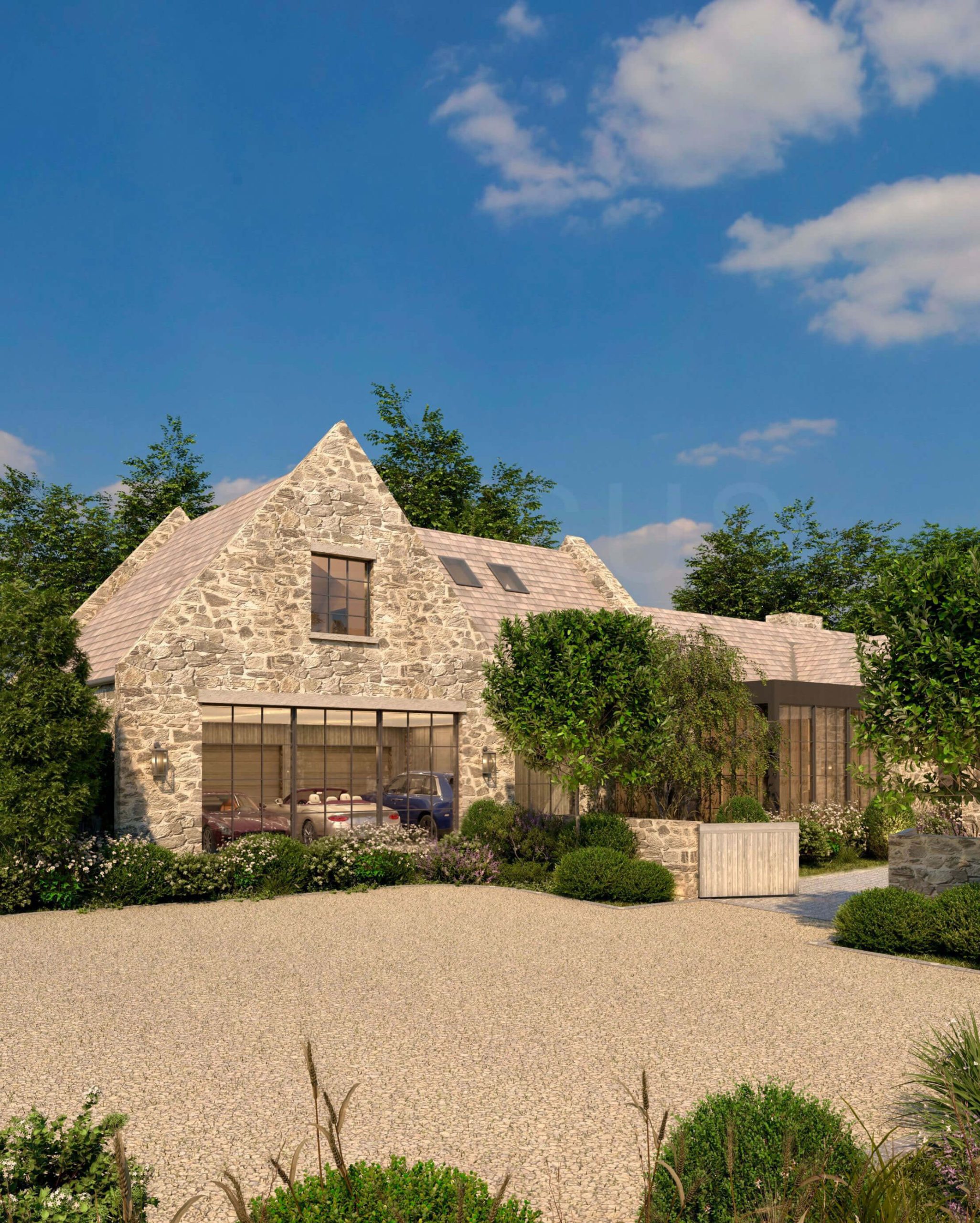 Garage wing disguised within the Cotswold Beach House composition