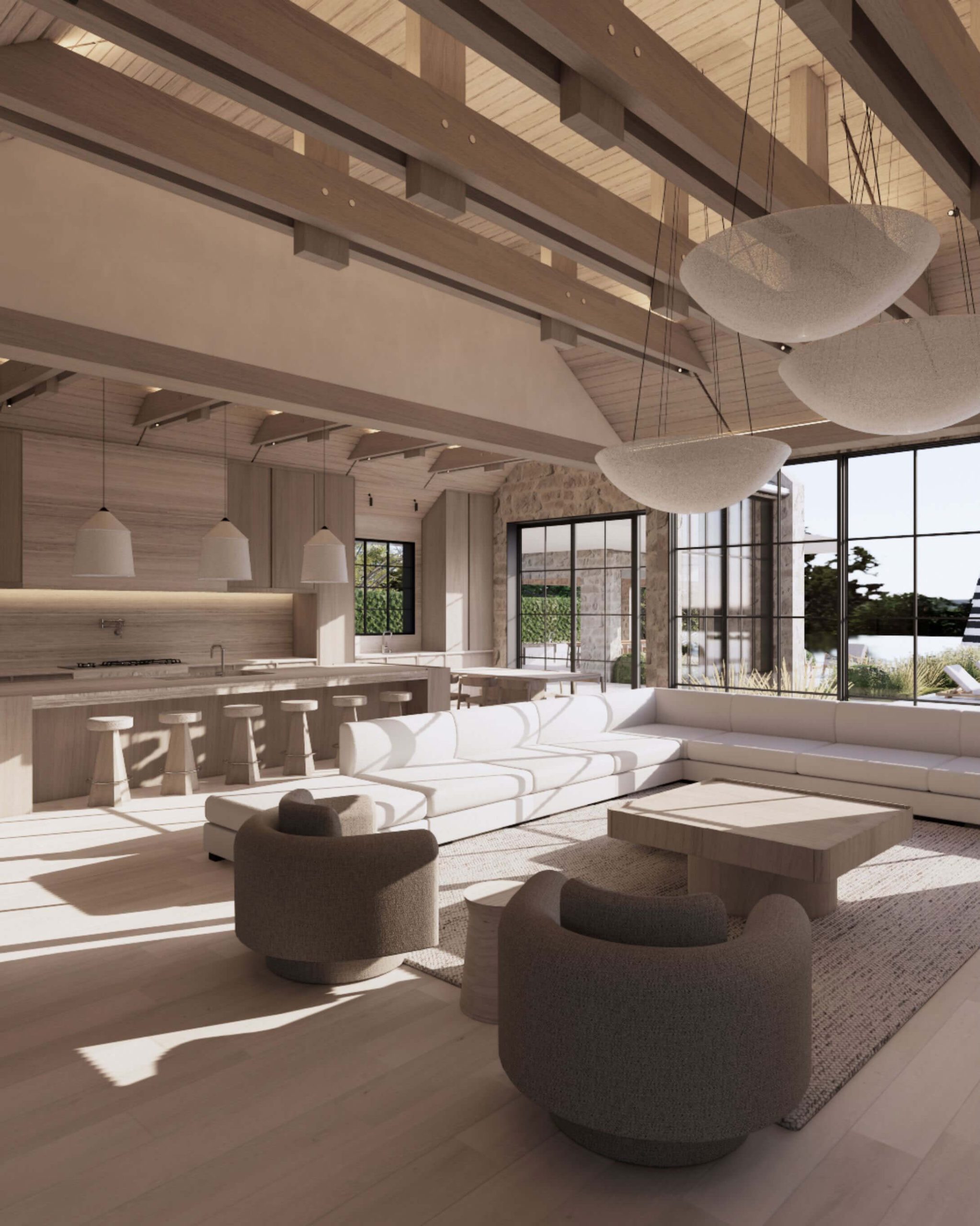Vaulted white oak living room overlooking the harbour