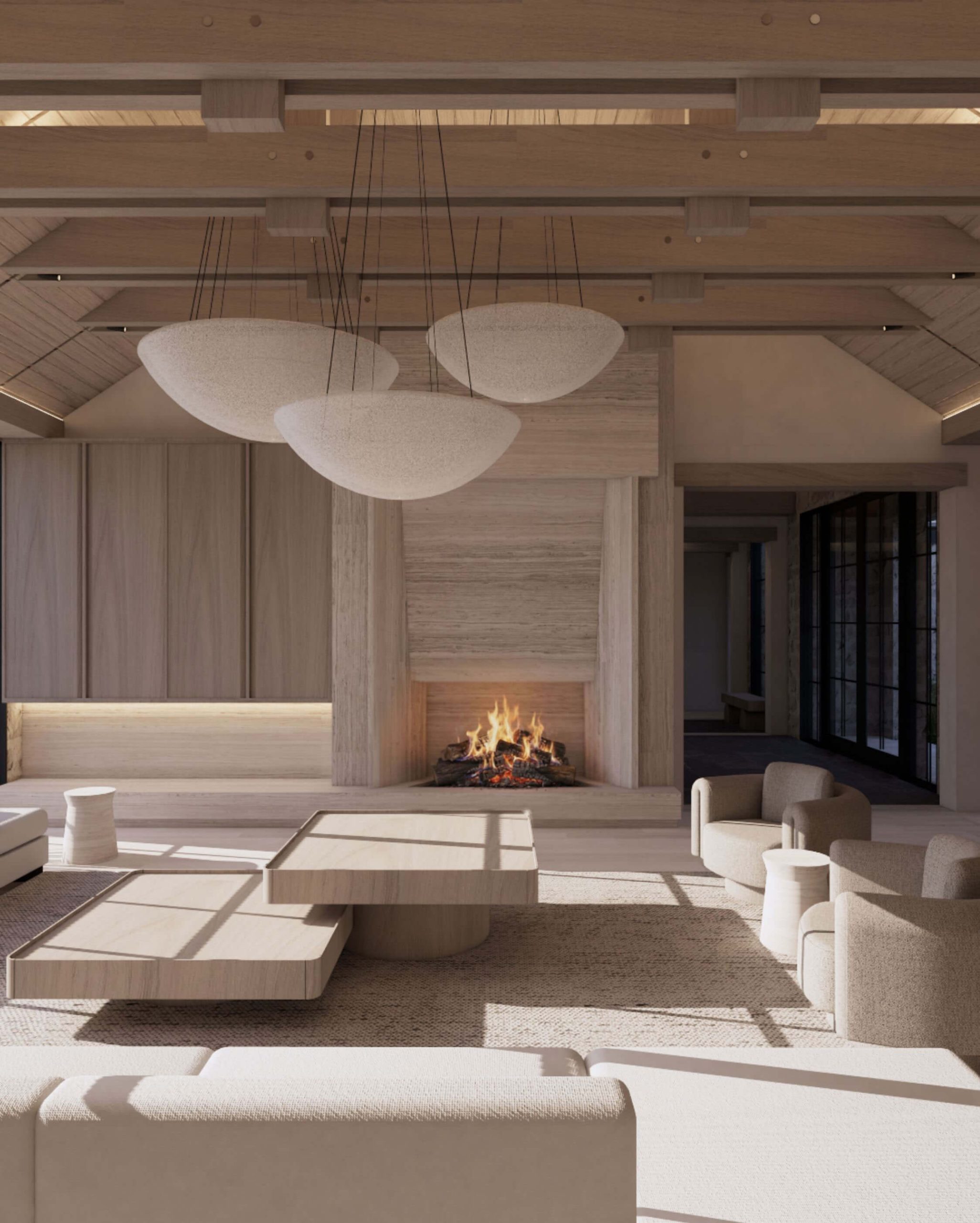 White oak and travertine finishes inside the Cotswold Beach House