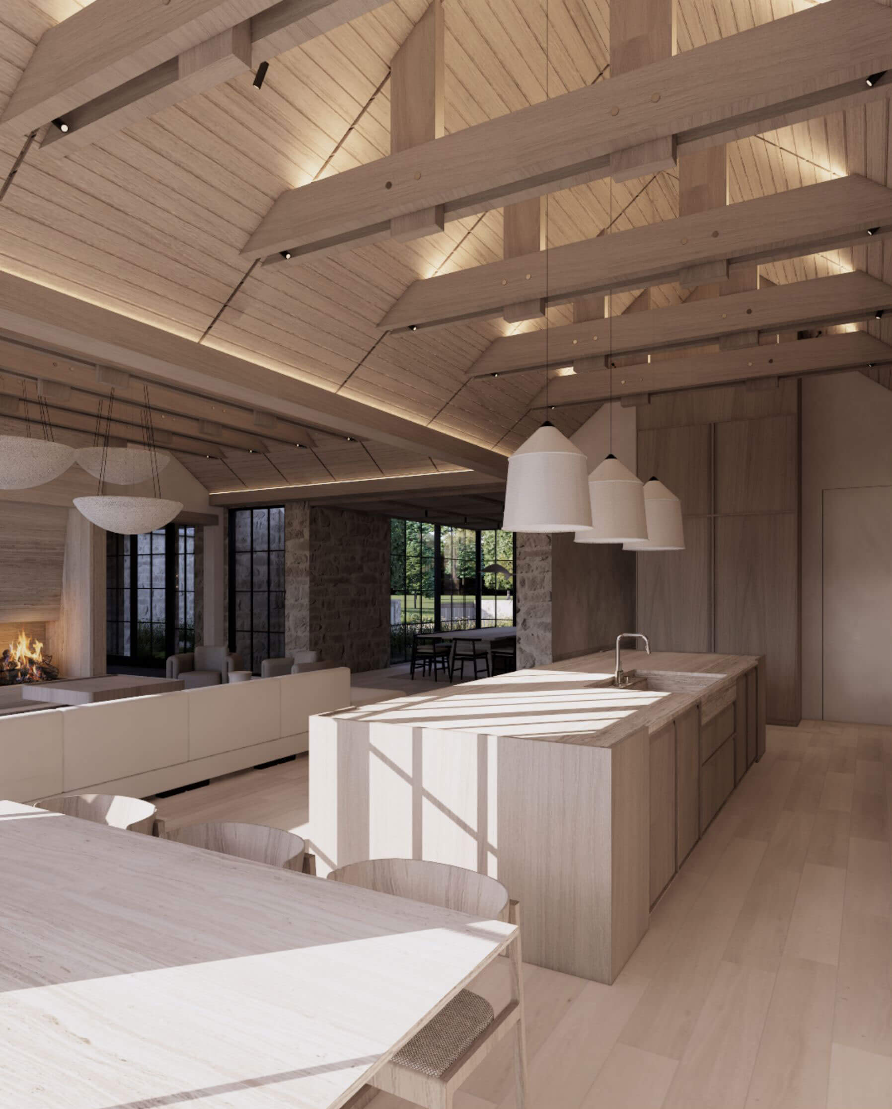 Layered white oak interior illuminated by integrated lighting
