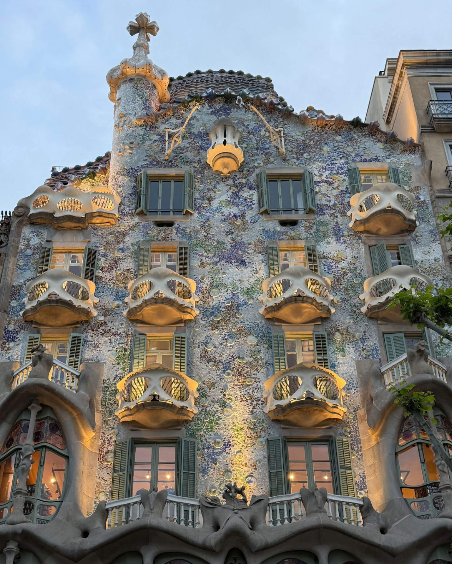Sculptural balconies and mosaic facade of Casa Batlló