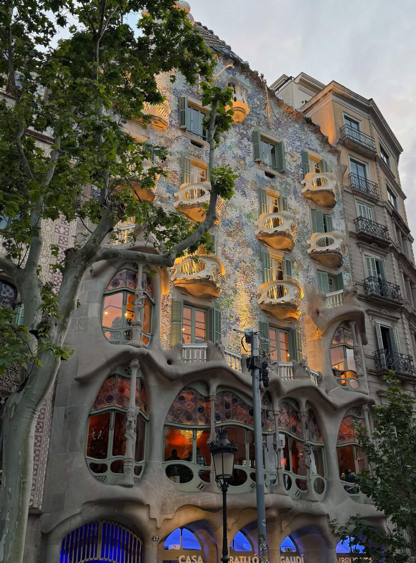Casa Batlló facade framed by street trees