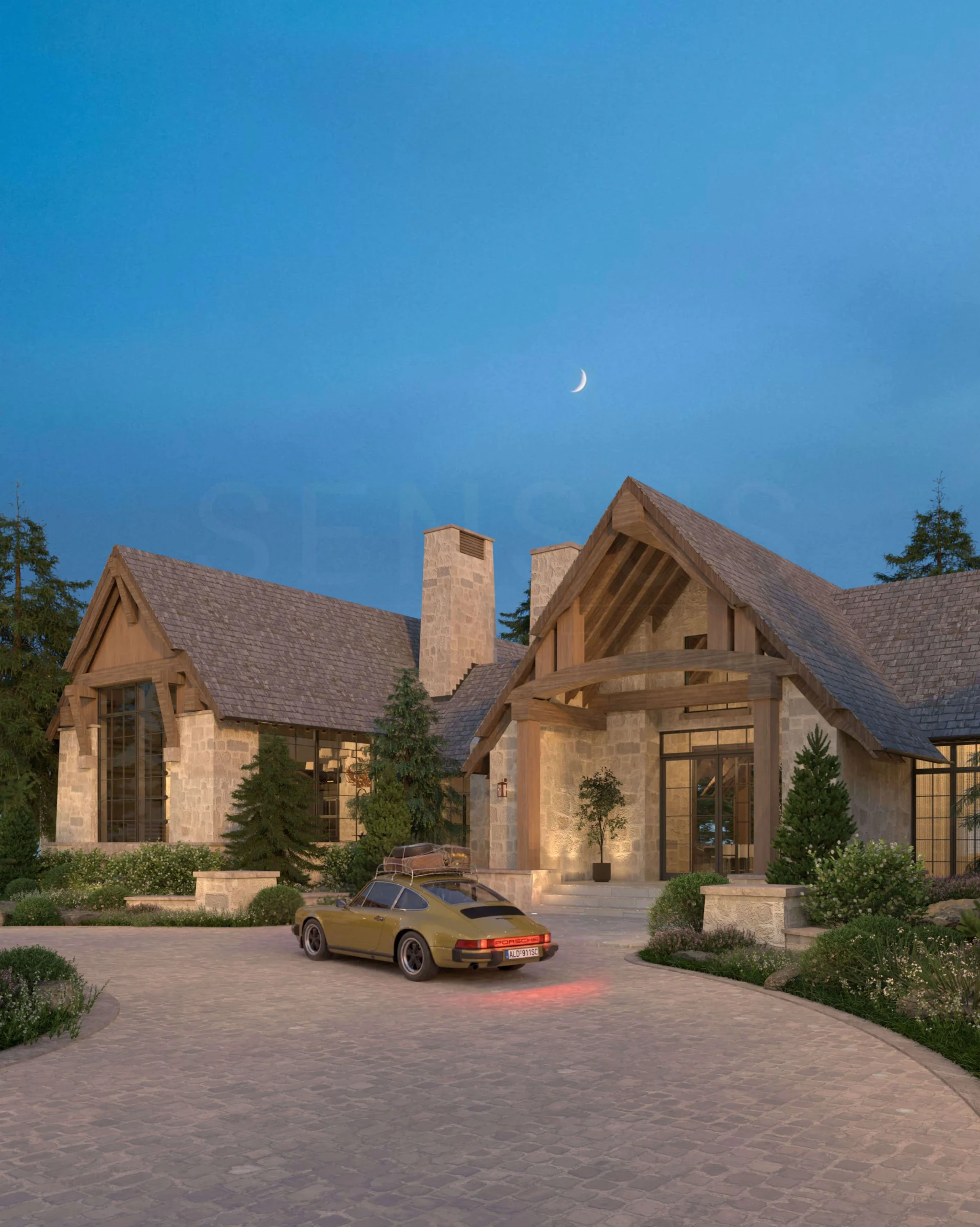 Heavy timber entrance gable and circular drive of the Montana compound