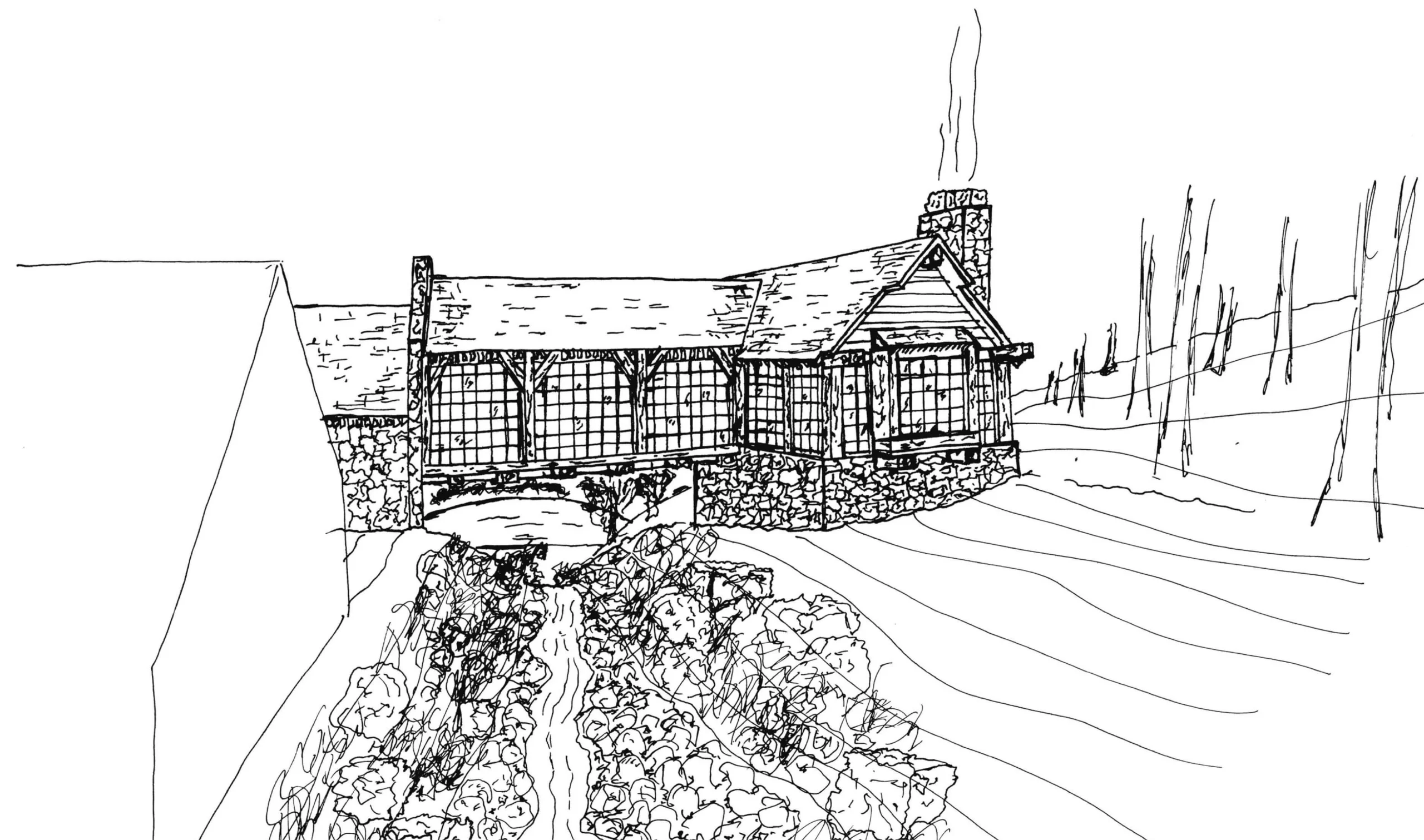 Concept sketch of the raised bedroom wing and brook