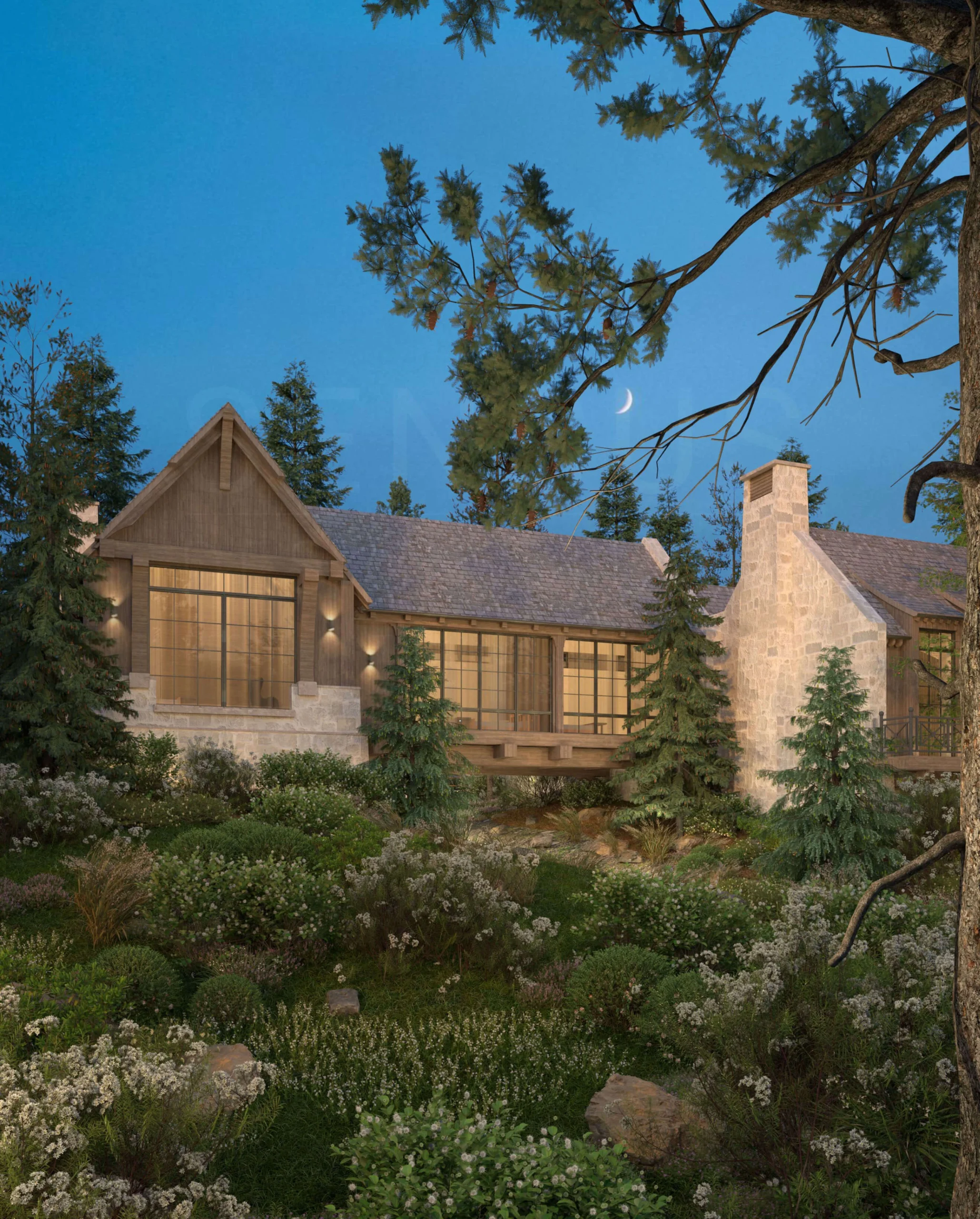 Bedroom wing viewed from the pond below the Montana compound