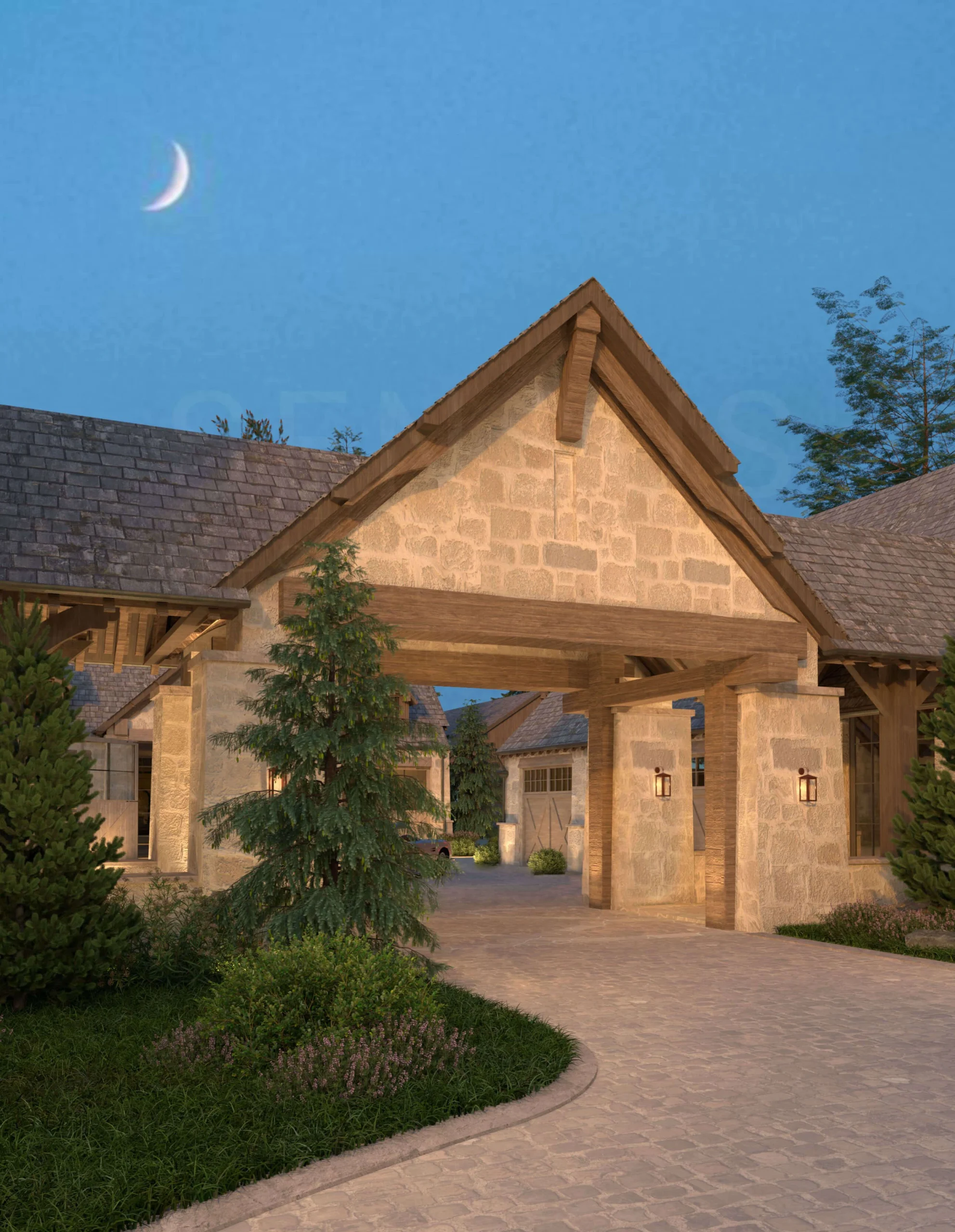 Garage wings and motorcourt of the Montana Mountain Compound
