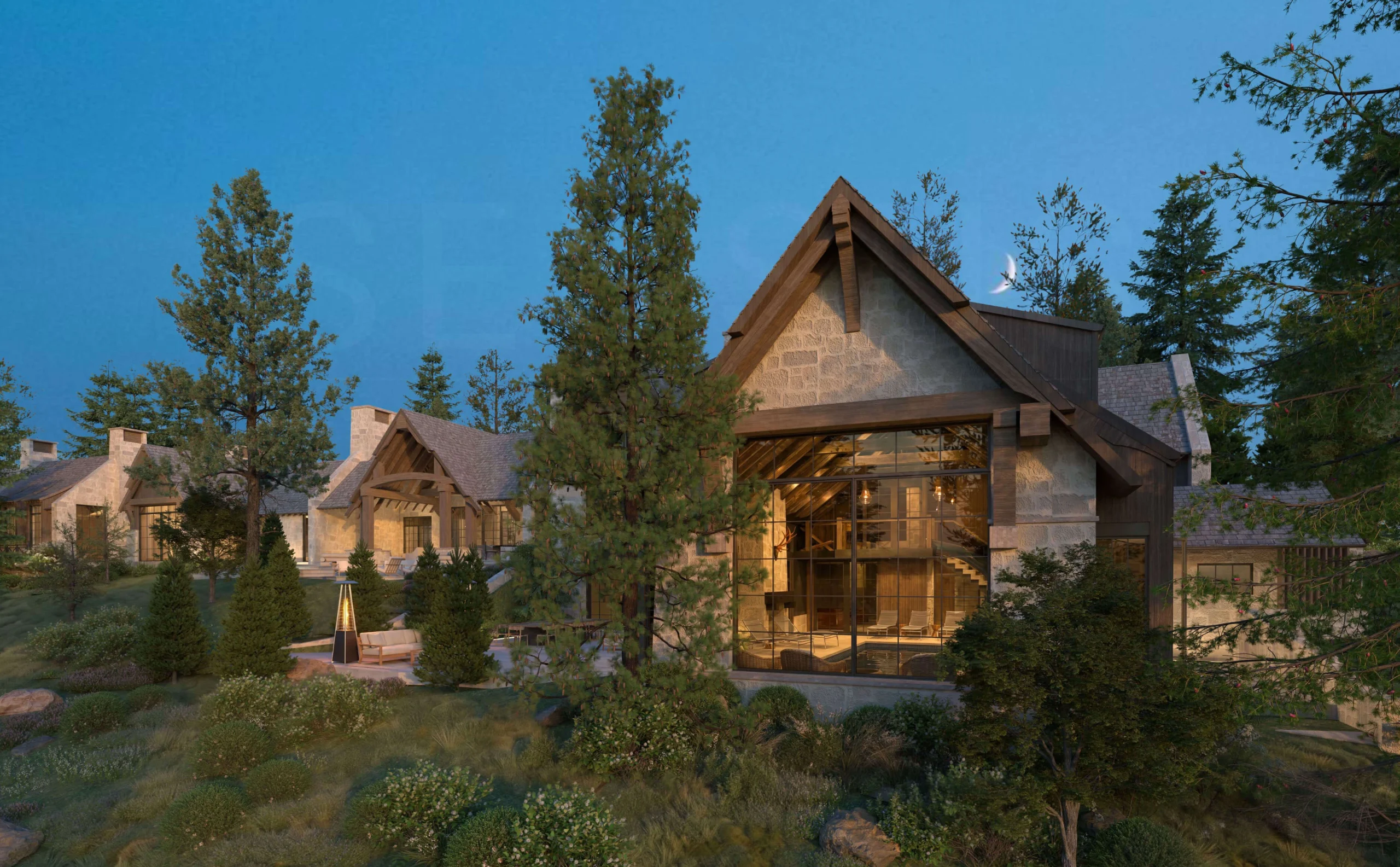 Rear facade and pool wing of the Montana Mountain Compound