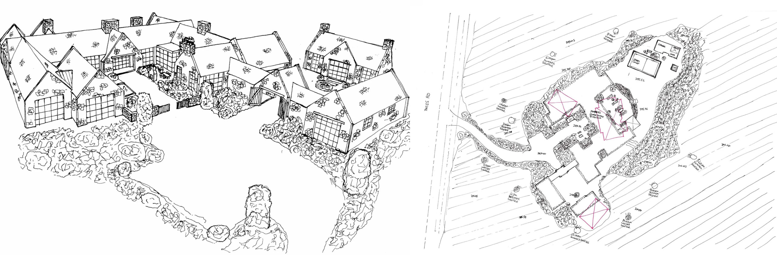 Combined elevation and site-plan sketches