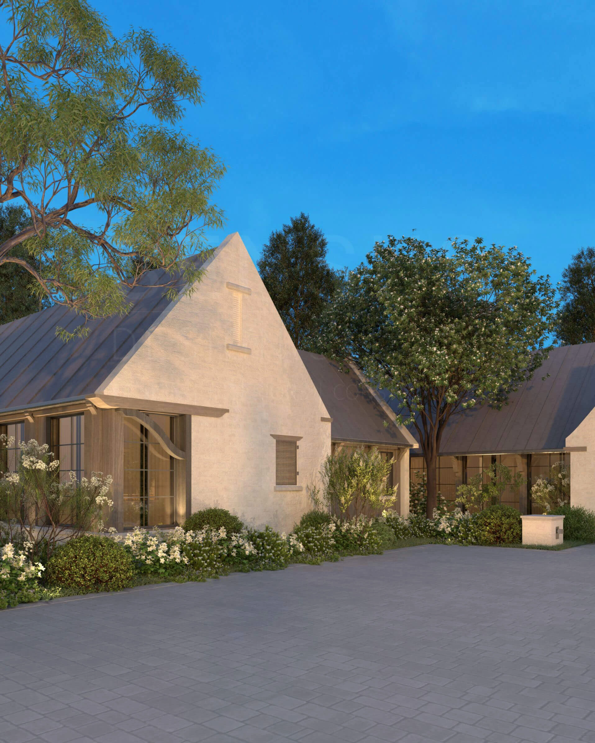 Traditional masonry, windows and barn-style roof details