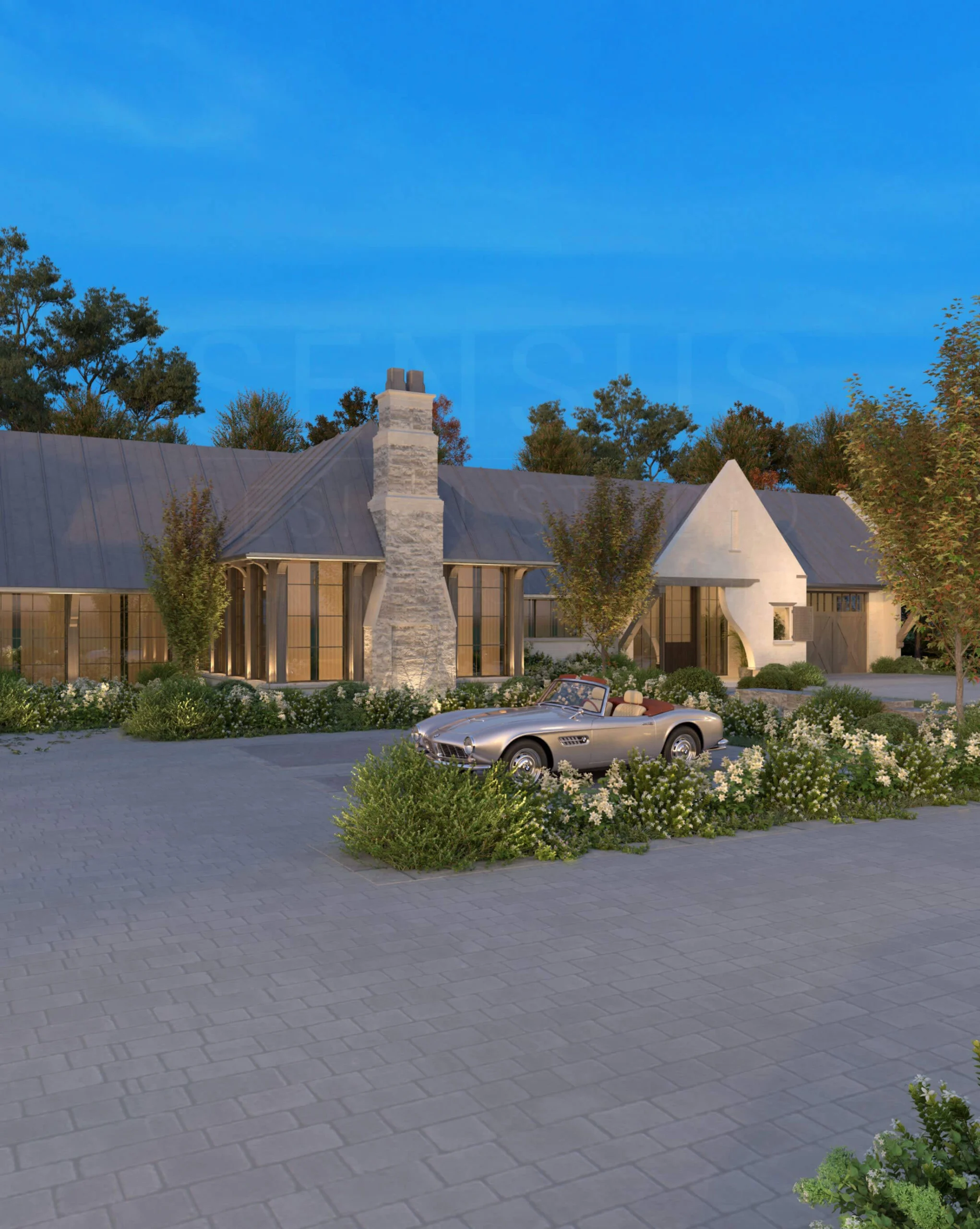 Rear facade opening toward formal gardens and outdoor amenities