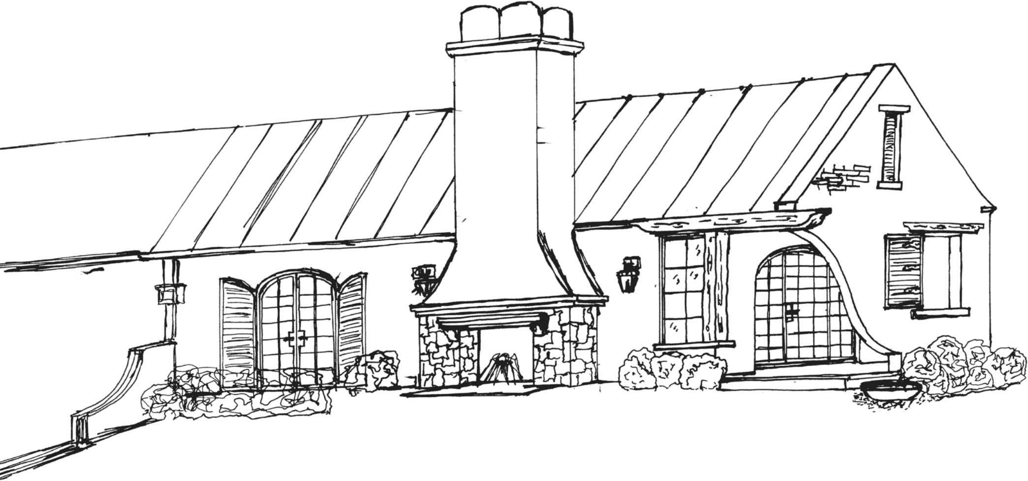 Hand-drawn stable elevation and courtyard studies