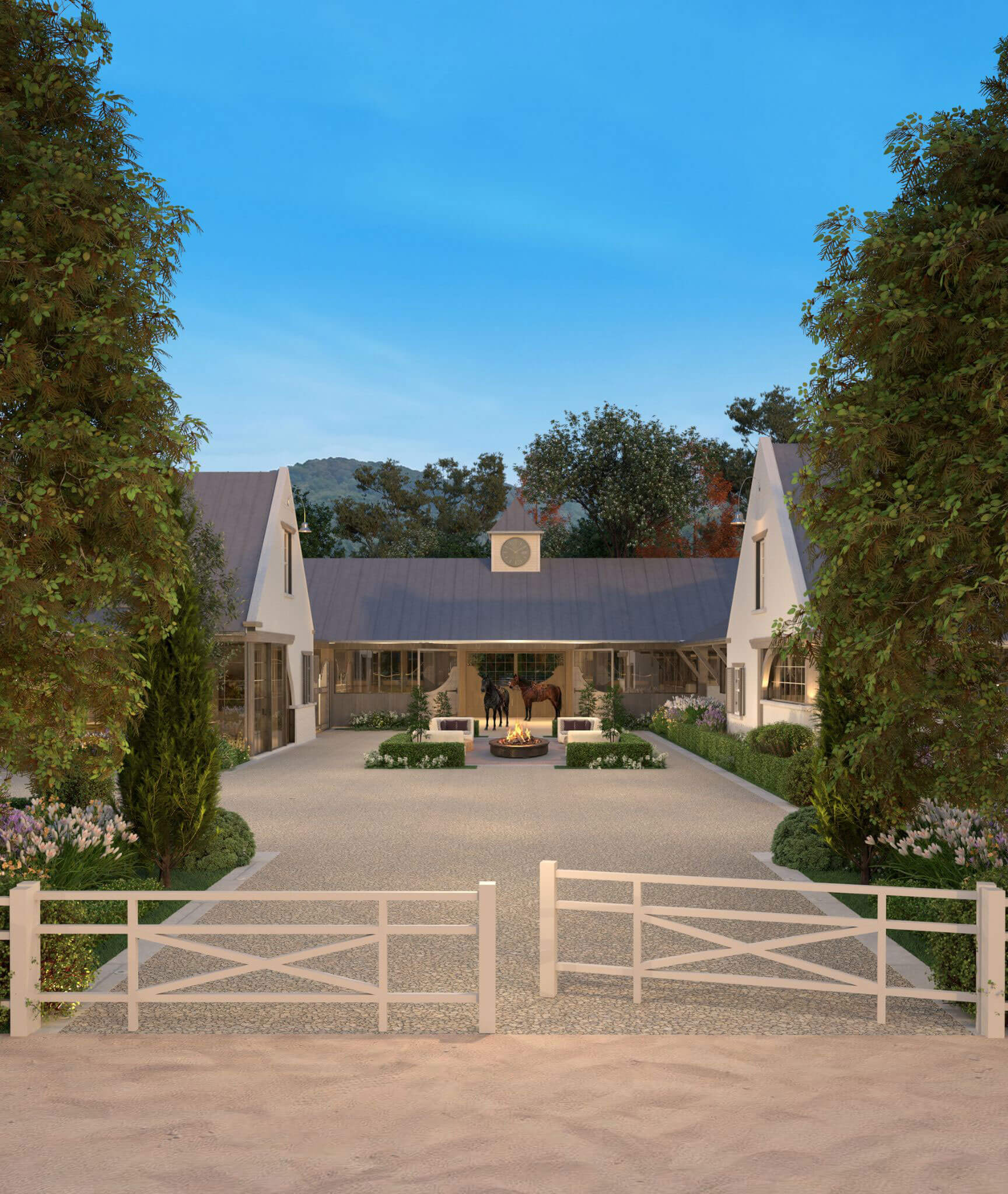 Traditional stable wing framed by structured gardens