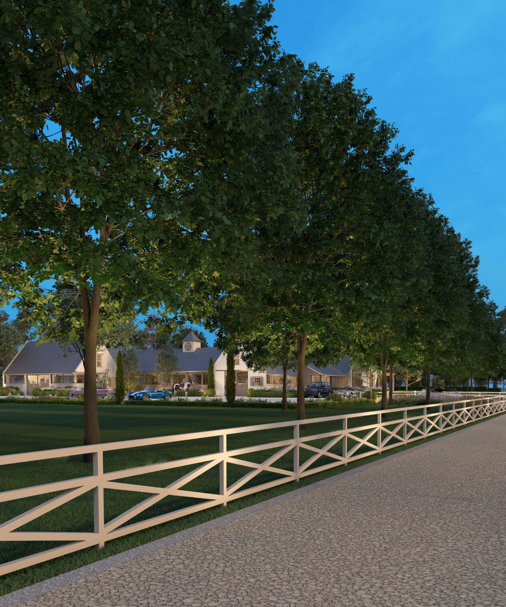 Stable facade with limestone paths and clipped hedges