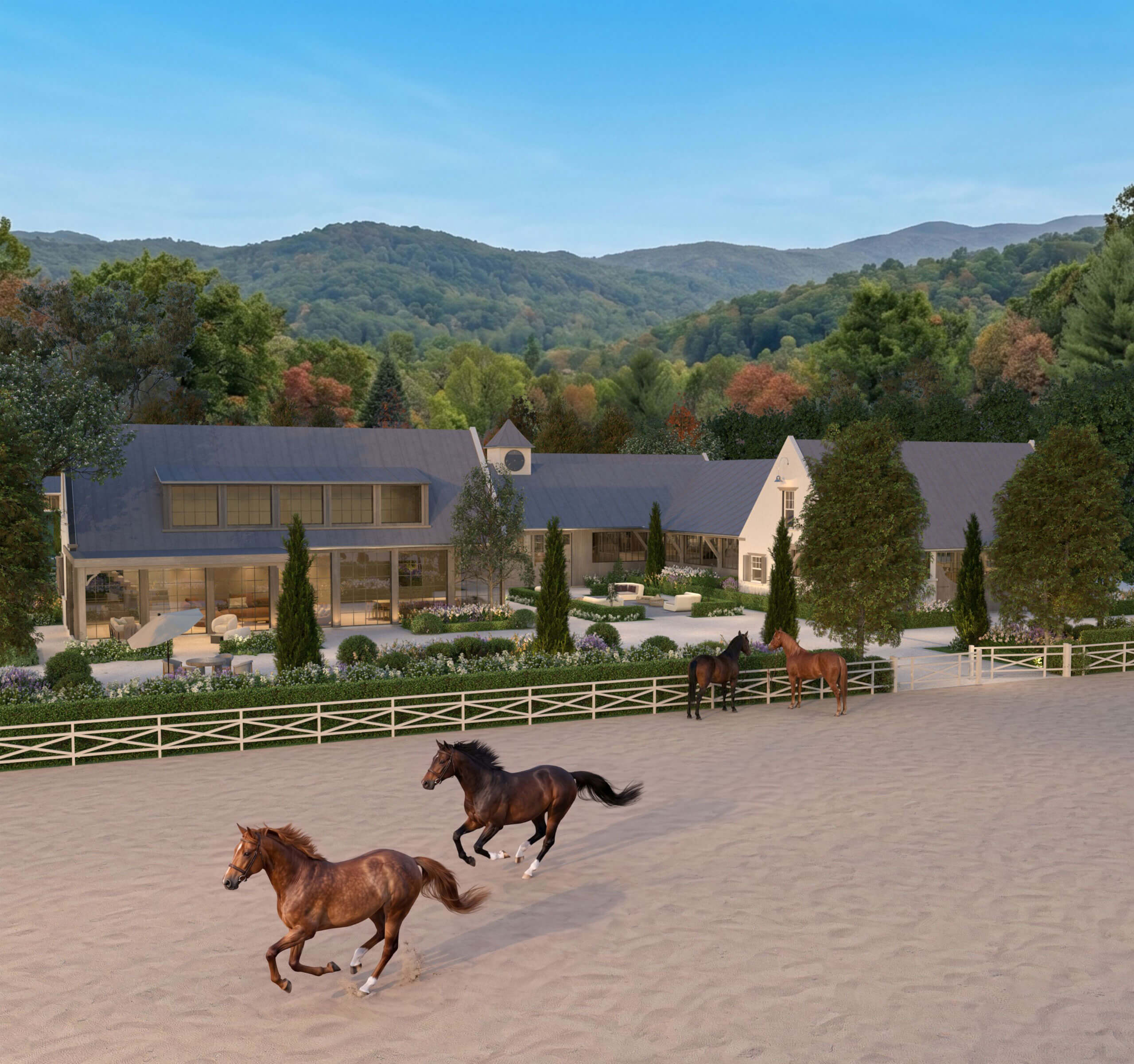 Traditional stable complex overlooking the riding arenas