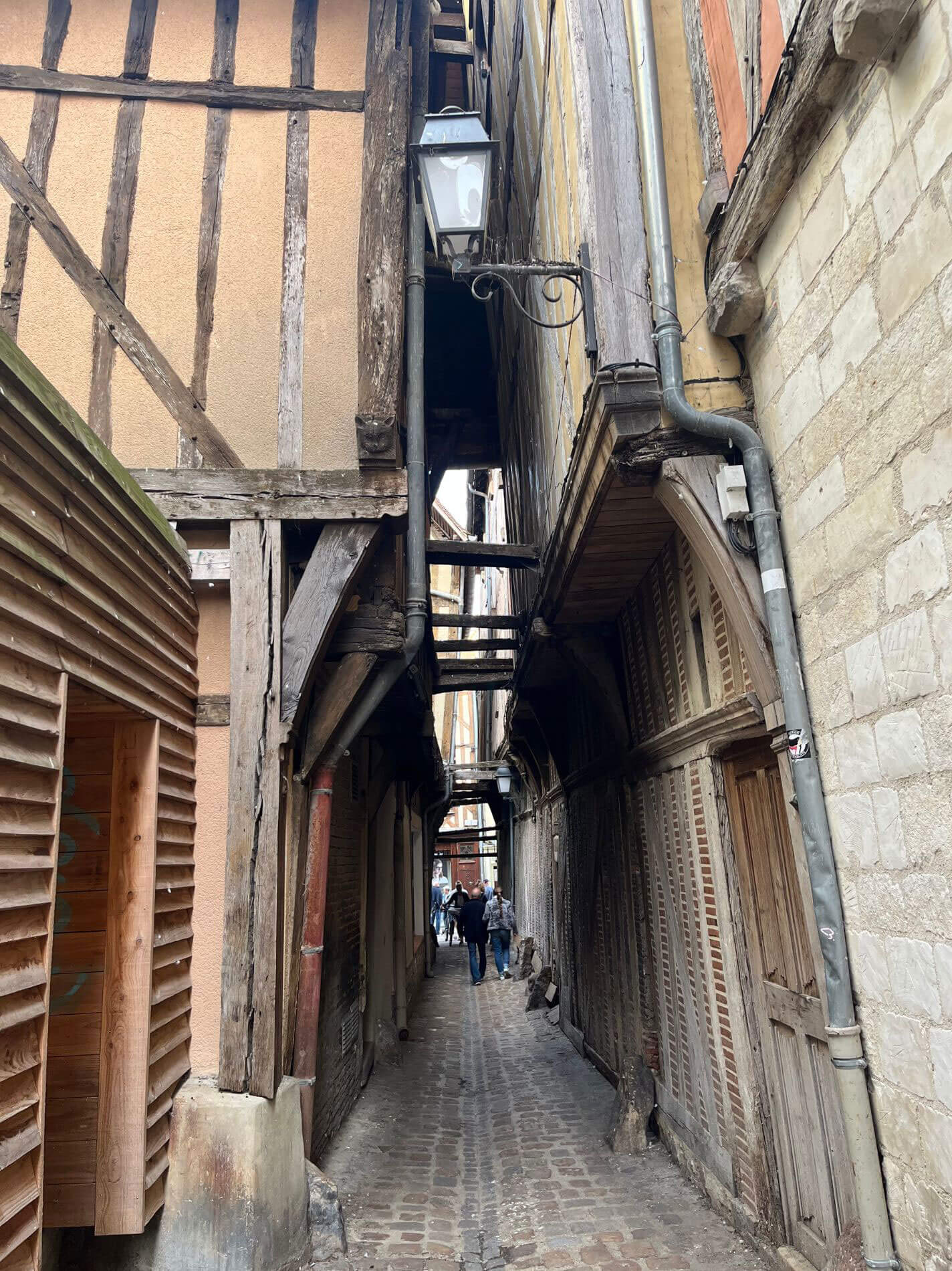 Narrow cobbled alley between timber-framed houses