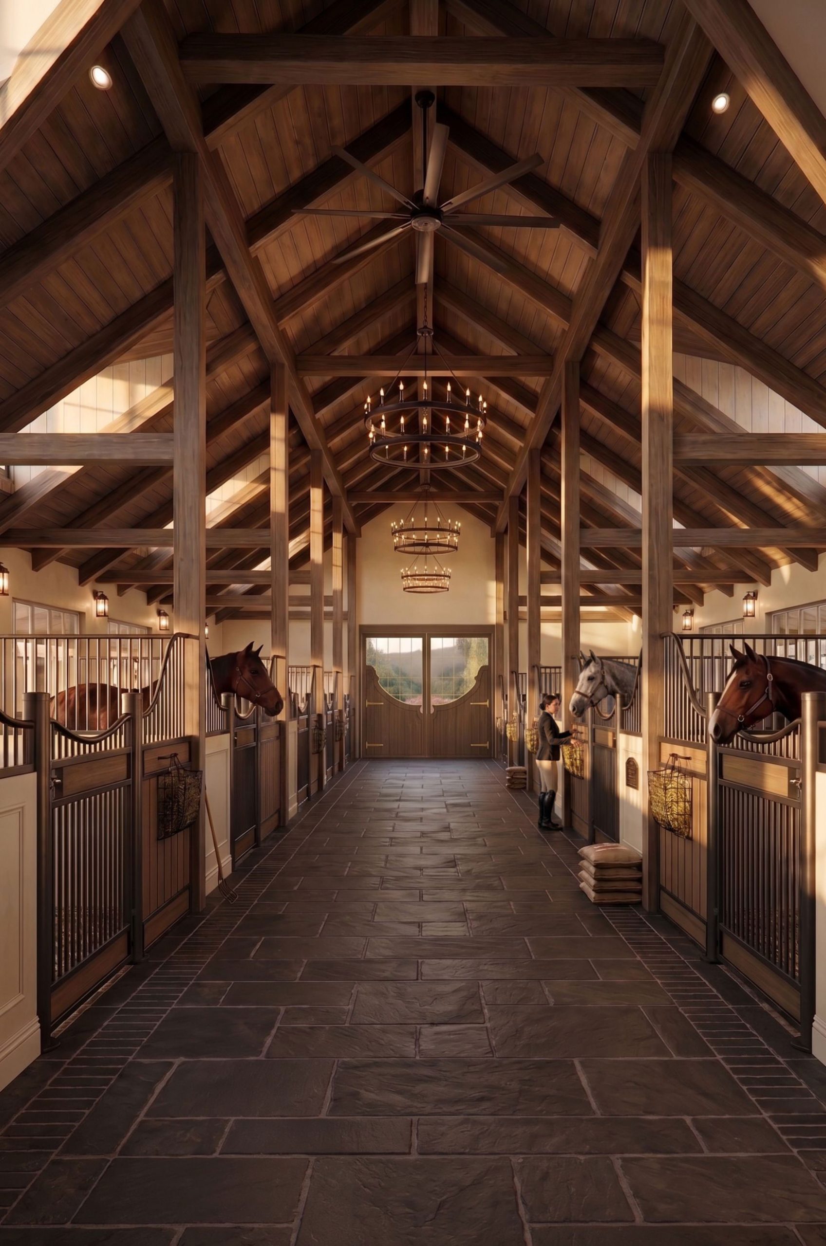 Timber-framed stable aisle with horse stalls and chandeliers