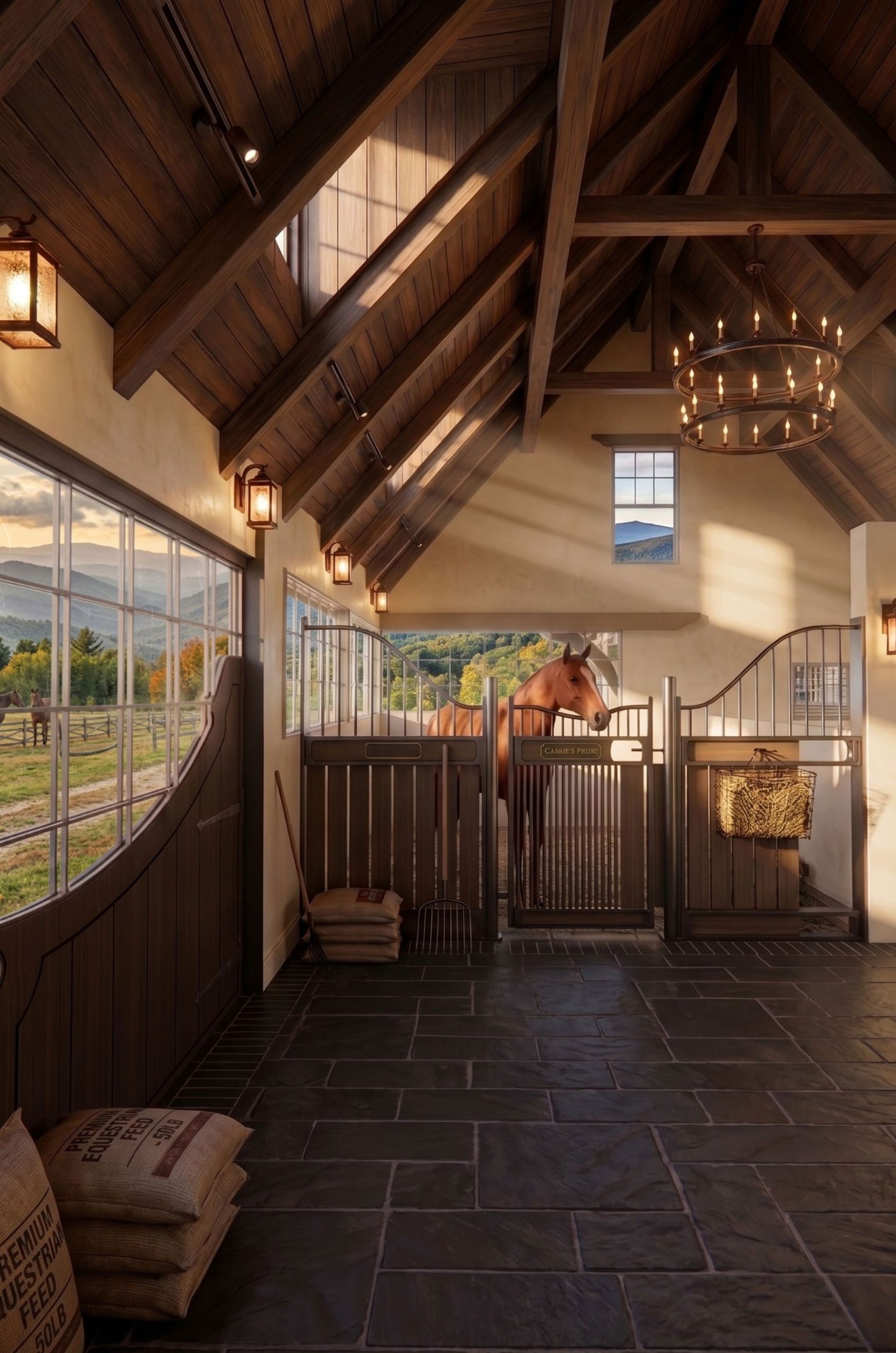 Sunlit horse stall beside glazed stable doors