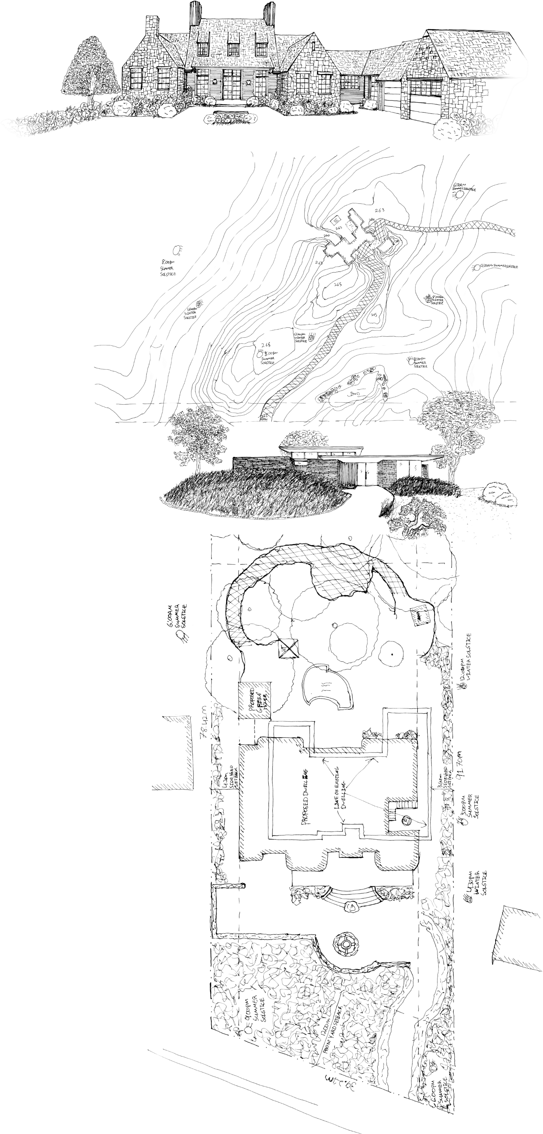 Detailed hand sketches of private residences