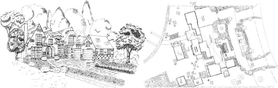 Hand-drawn house perspective and floor plan with surrounding landscape details