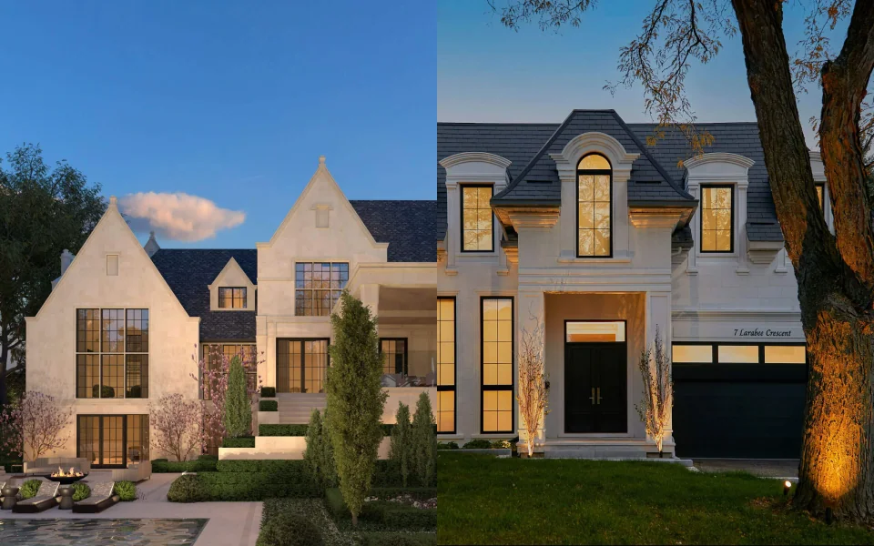 Side-by-side renderings of two gabled homes with illuminated windows at dusk
