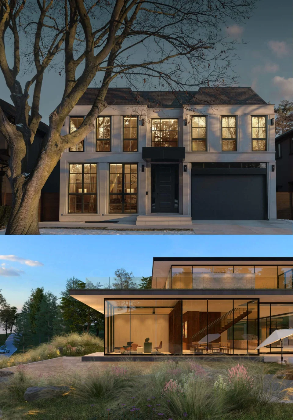 Two contemporary home designs: a two-storey street-facing house and a glass-walled home in a meadow