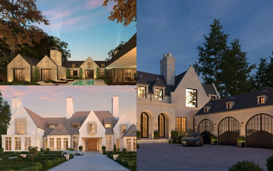 Collage of country home designs with stone facades, steep gables and landscaped grounds