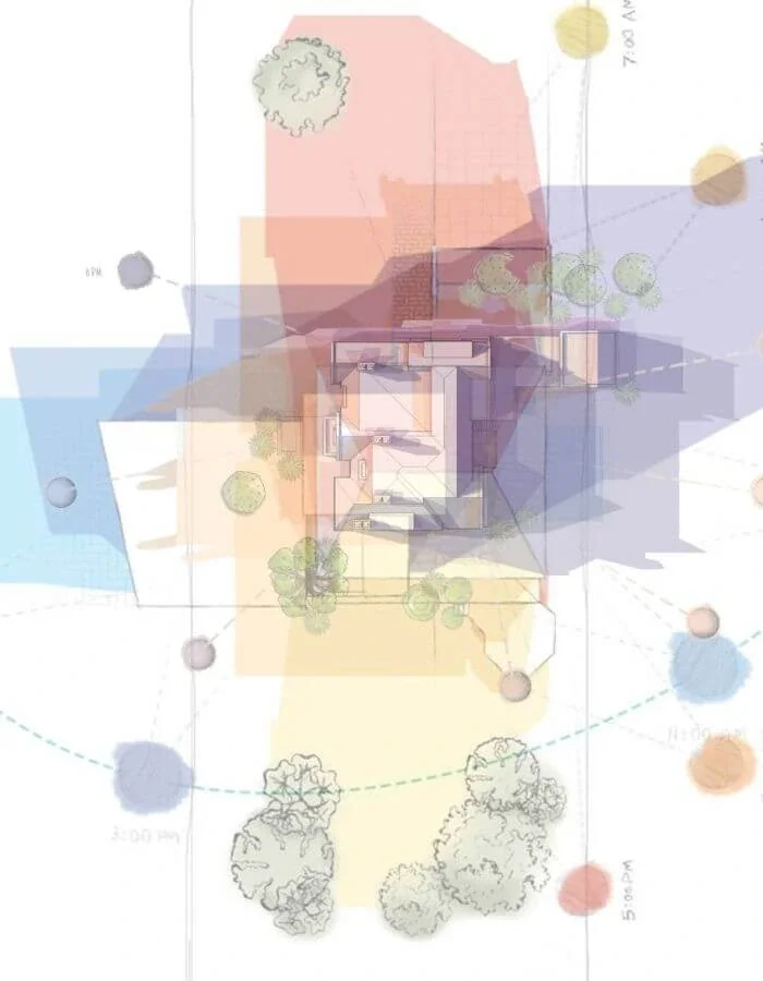House floor plan overlaid with coloured shapes and directional lines for a natural-light study