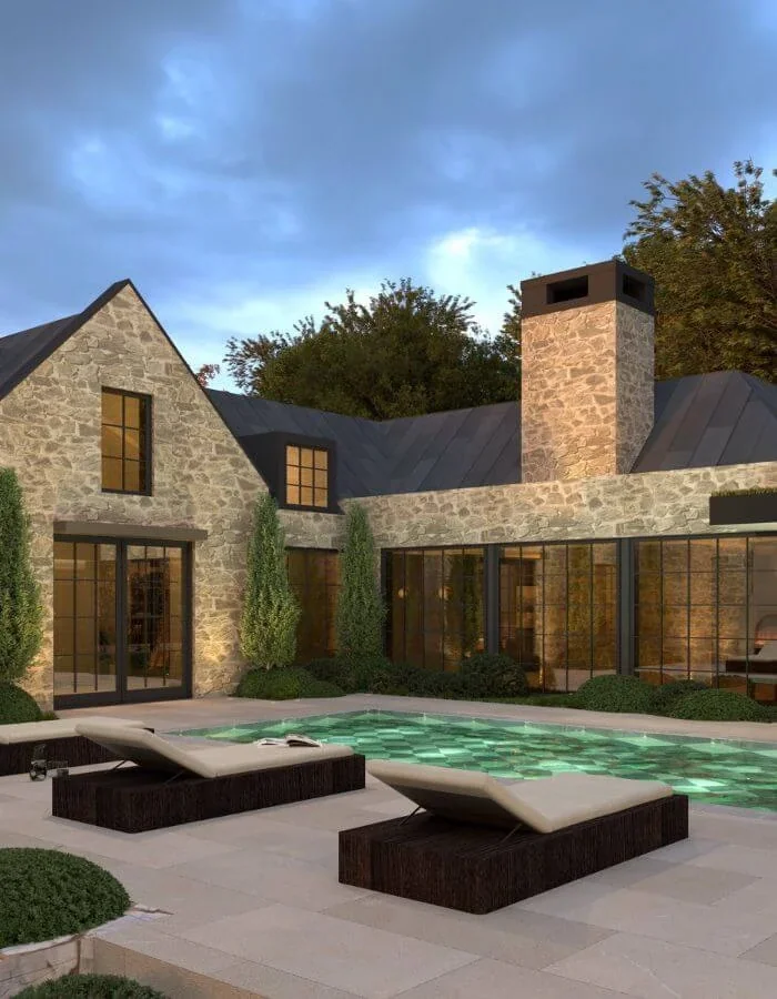 Architectural rendering of a stone home overlooking a swimming pool and sunken outdoor seating