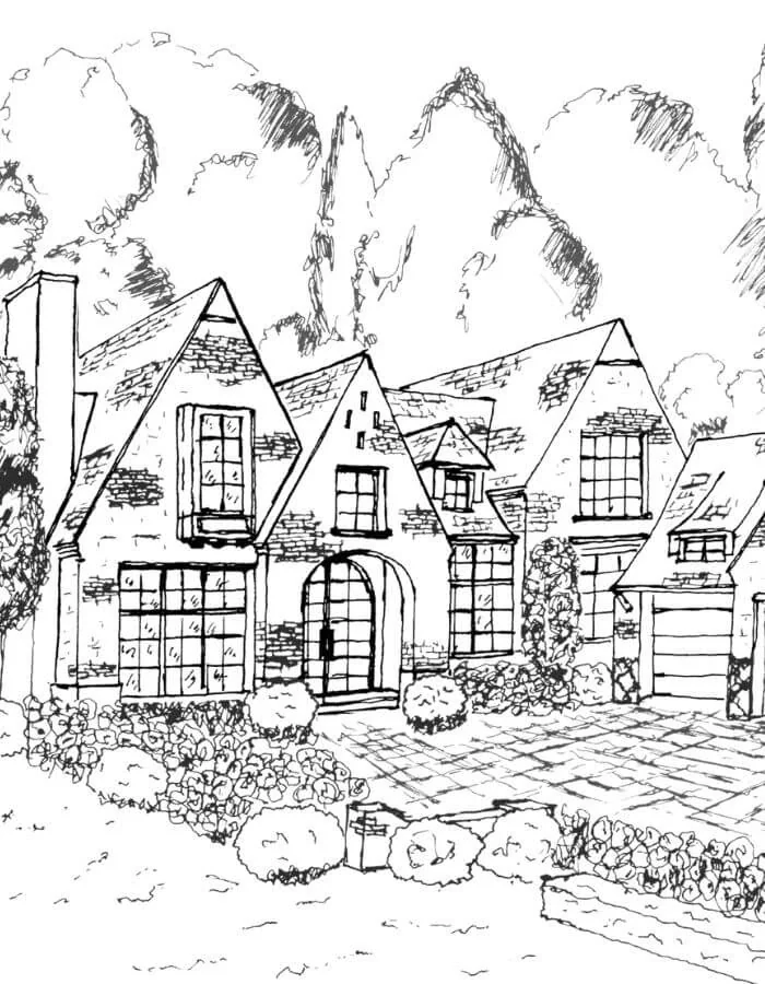 Pen-and-ink drawing of a gabled house framed by trees and garden planting